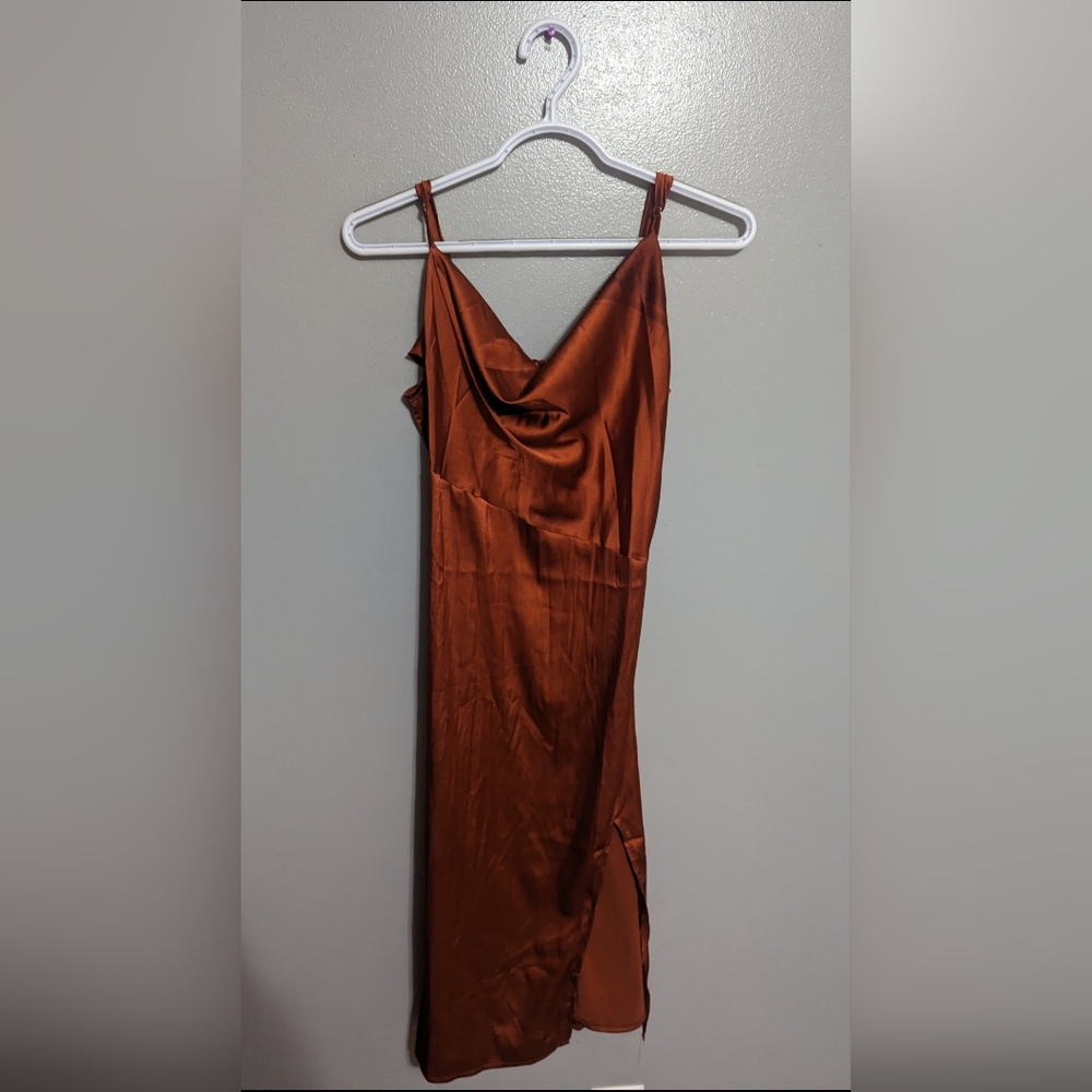 Women's Satin Drape Cowl Neck Cami Split Slit Midi Dress
